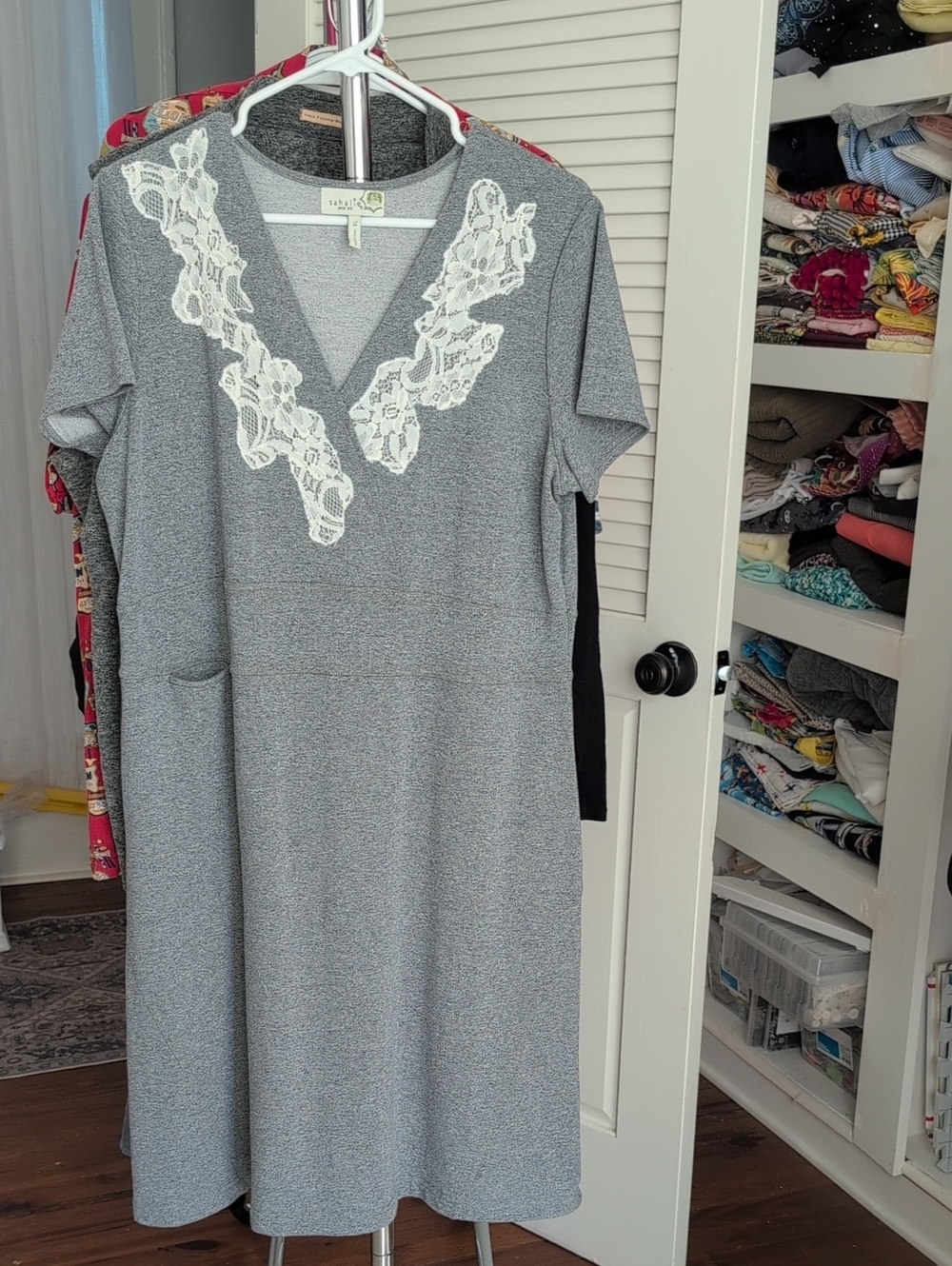 Sahalie Grey Midi Dress with Cream Lace Detail